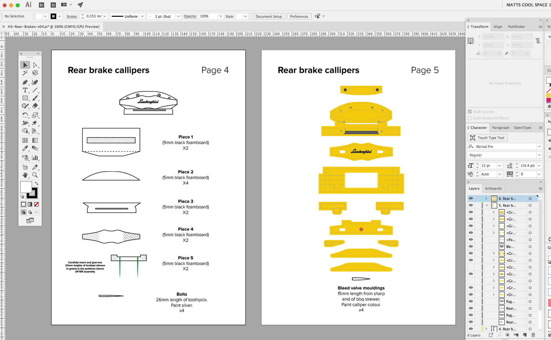 Plans for each brake calliper part created in Adobe Illustrator.
