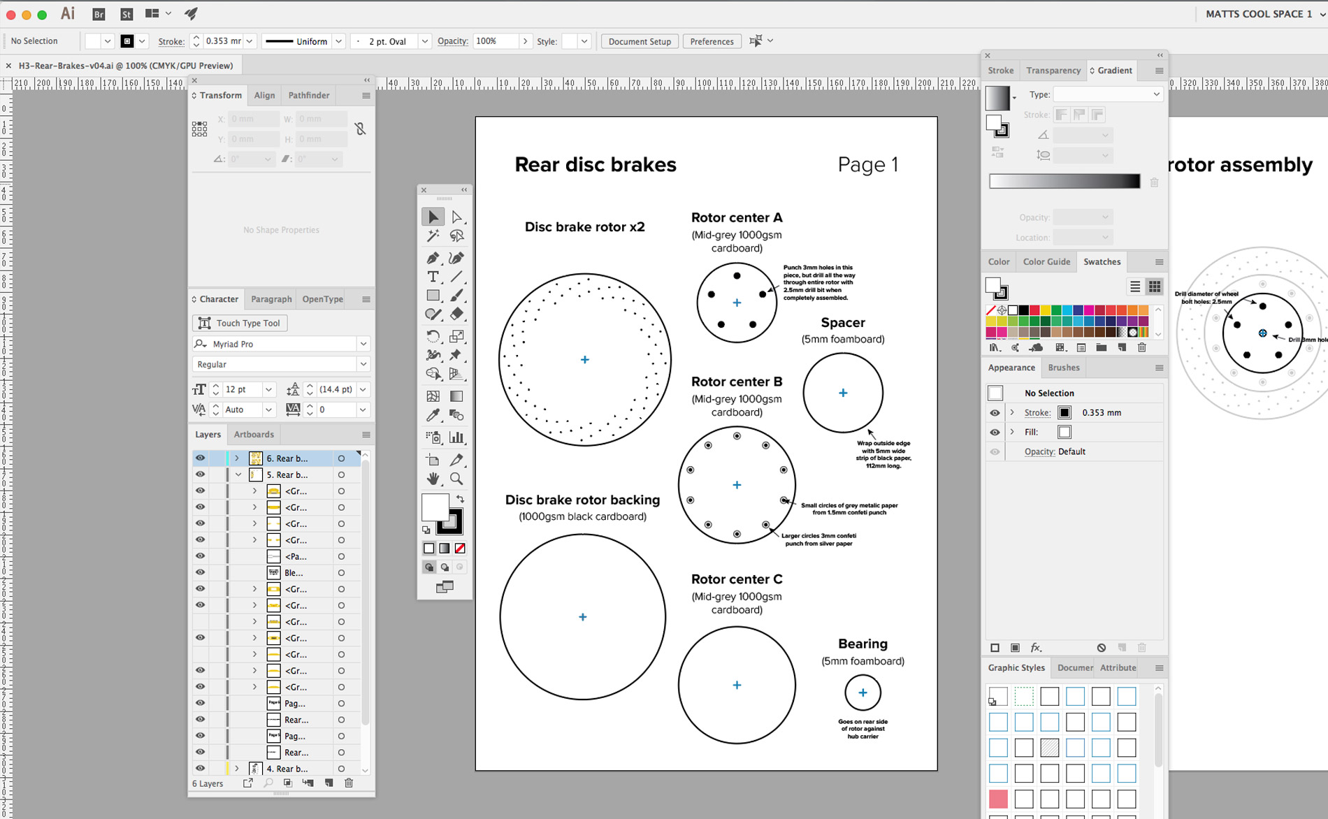Plans for each disk brake rotor created in Adobe Illustrator.