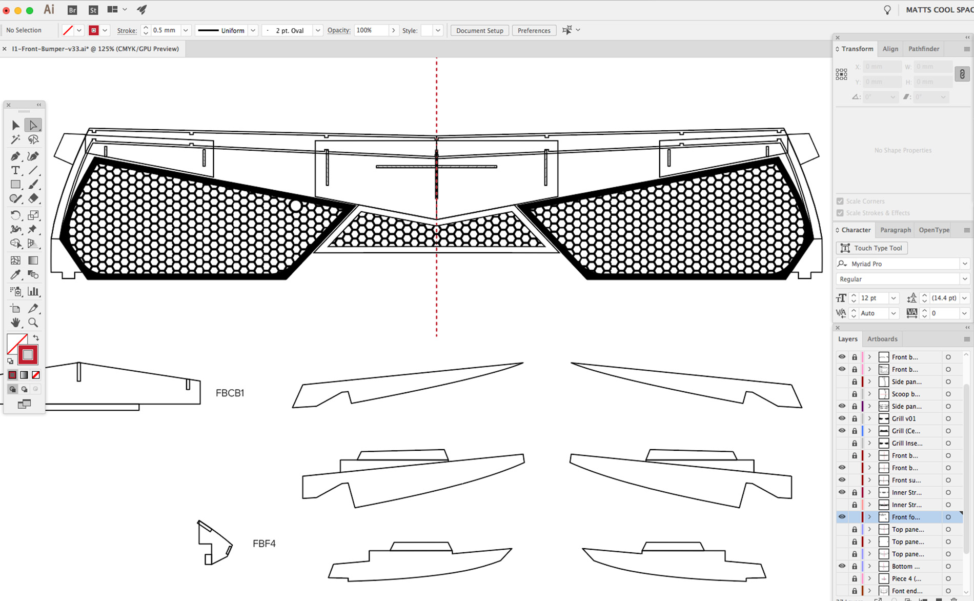 Screenshot from my Illustrator file, showing the front bumper grill inserts, and some bumper parts.