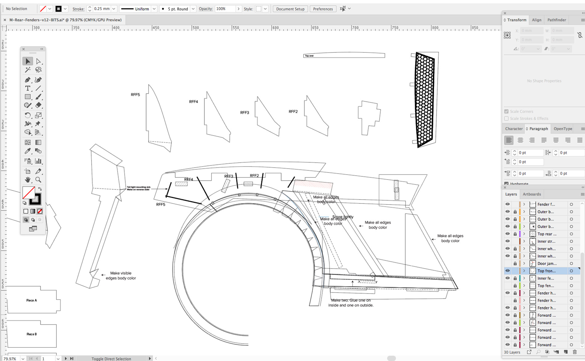 I spent three months designing and perfecting all the individual parts for rear fenders, oil coolers, and tail lights. Here's a screenshot from my Adobe Illustrator plans file for the rear fender.