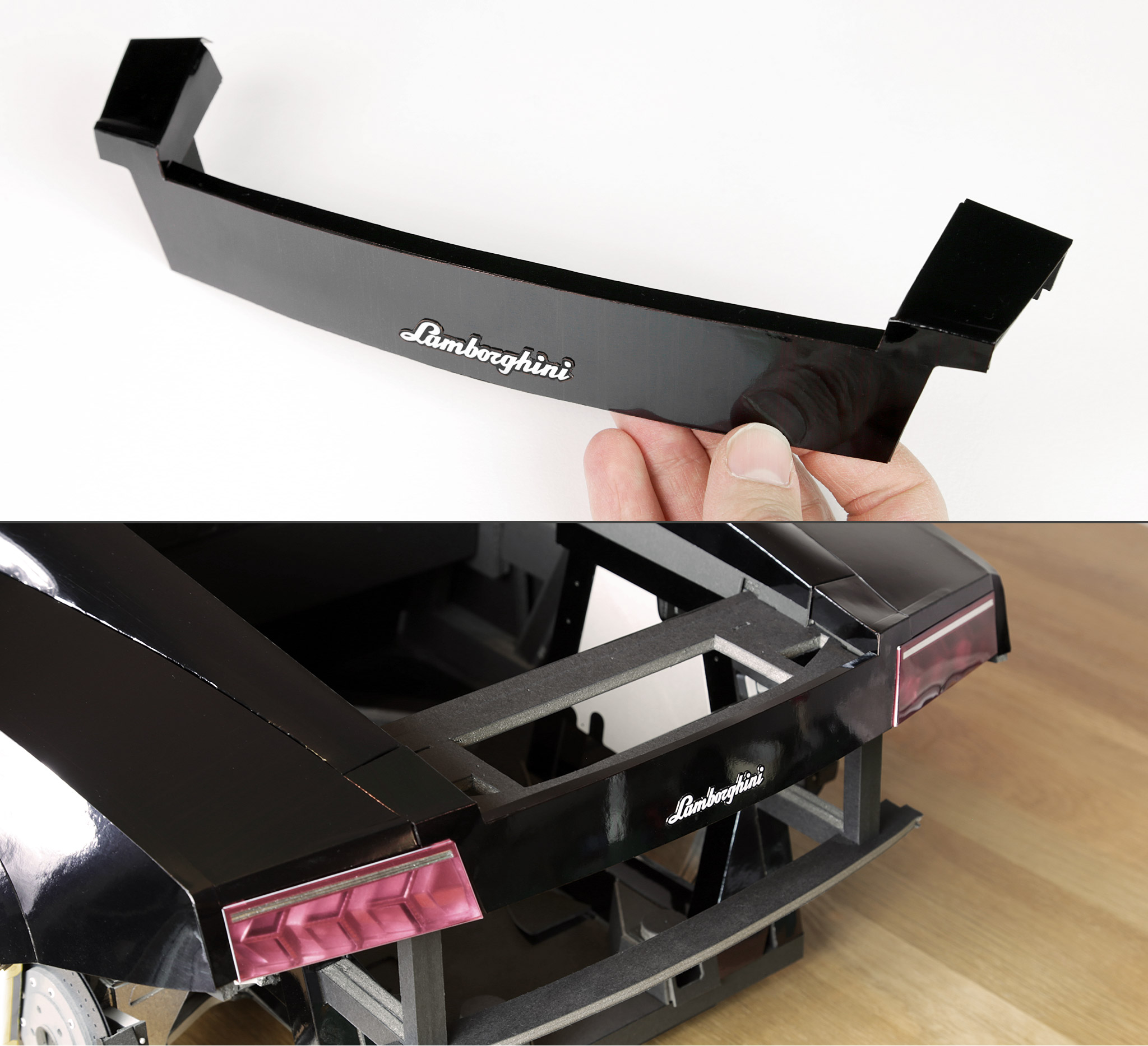 Rear-end panel that sits between the two tail lights. Eight separate parts come together to create the right shape. The badge is drawn in Adobe Illustrator, printed on photo paper, then carefully cut out by hand.