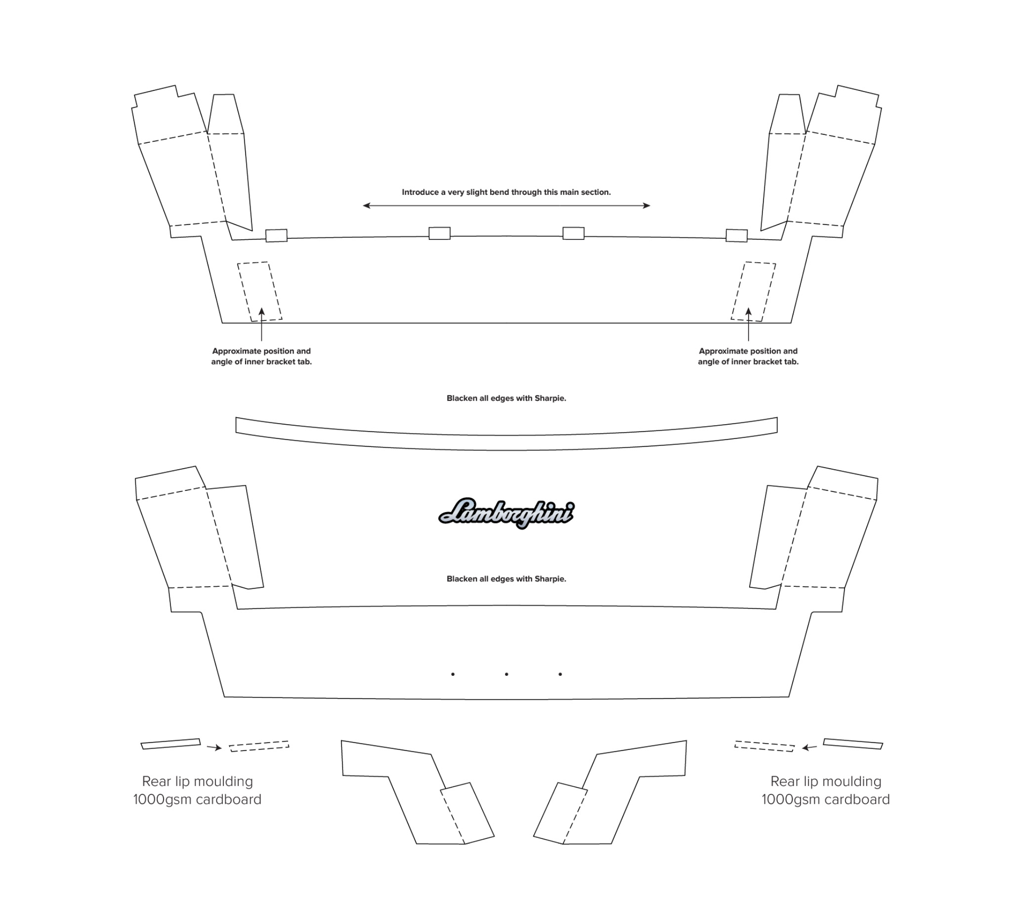 Here are plans for the eight separate parts I designed for the rear-end panel. Once folded and glued together, the piece forms correct three dimensional shape.