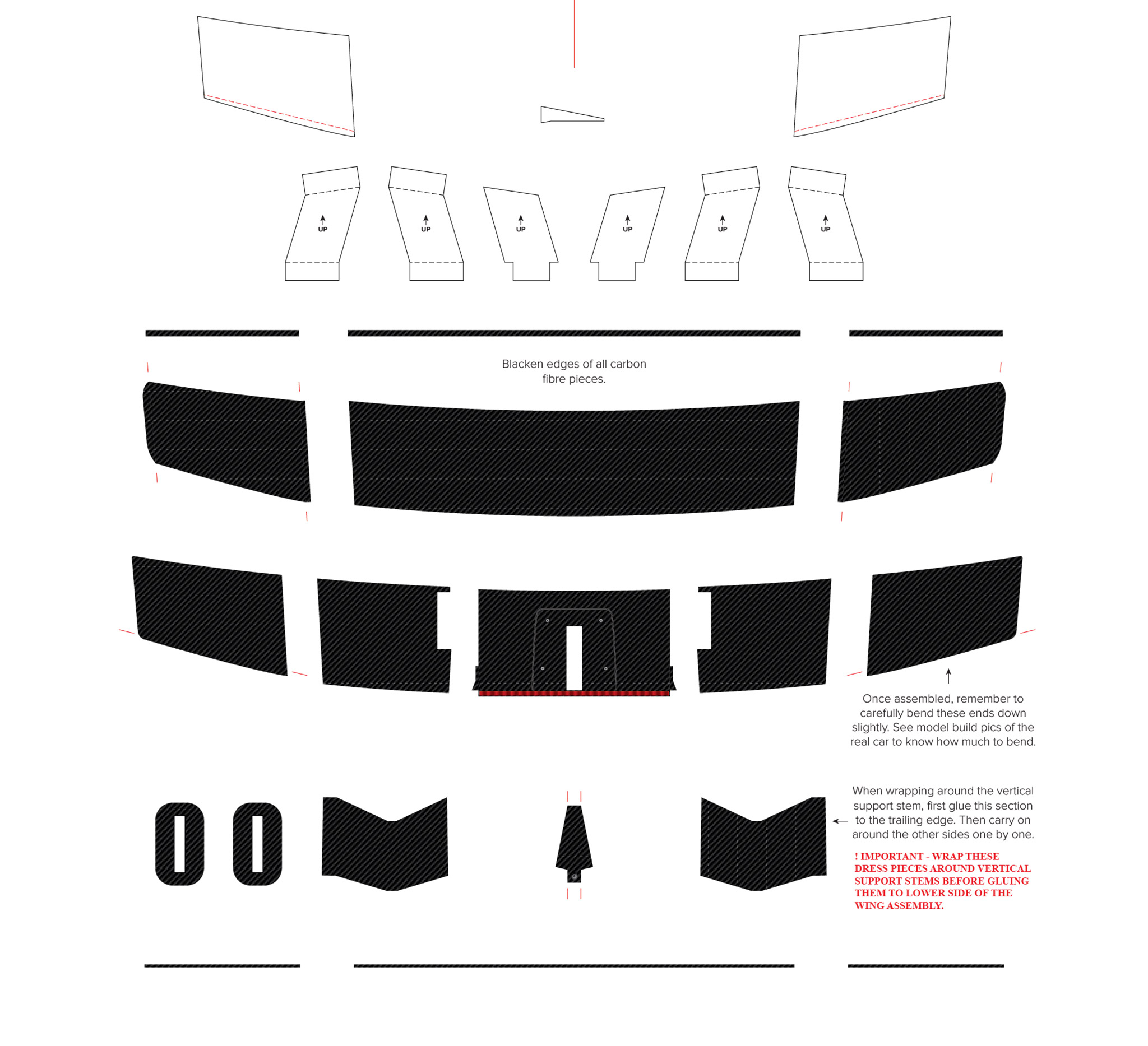 Rear wing parts, 29 in total. All cut by hand. Plans for each part are created with Adobe Illustrator.
