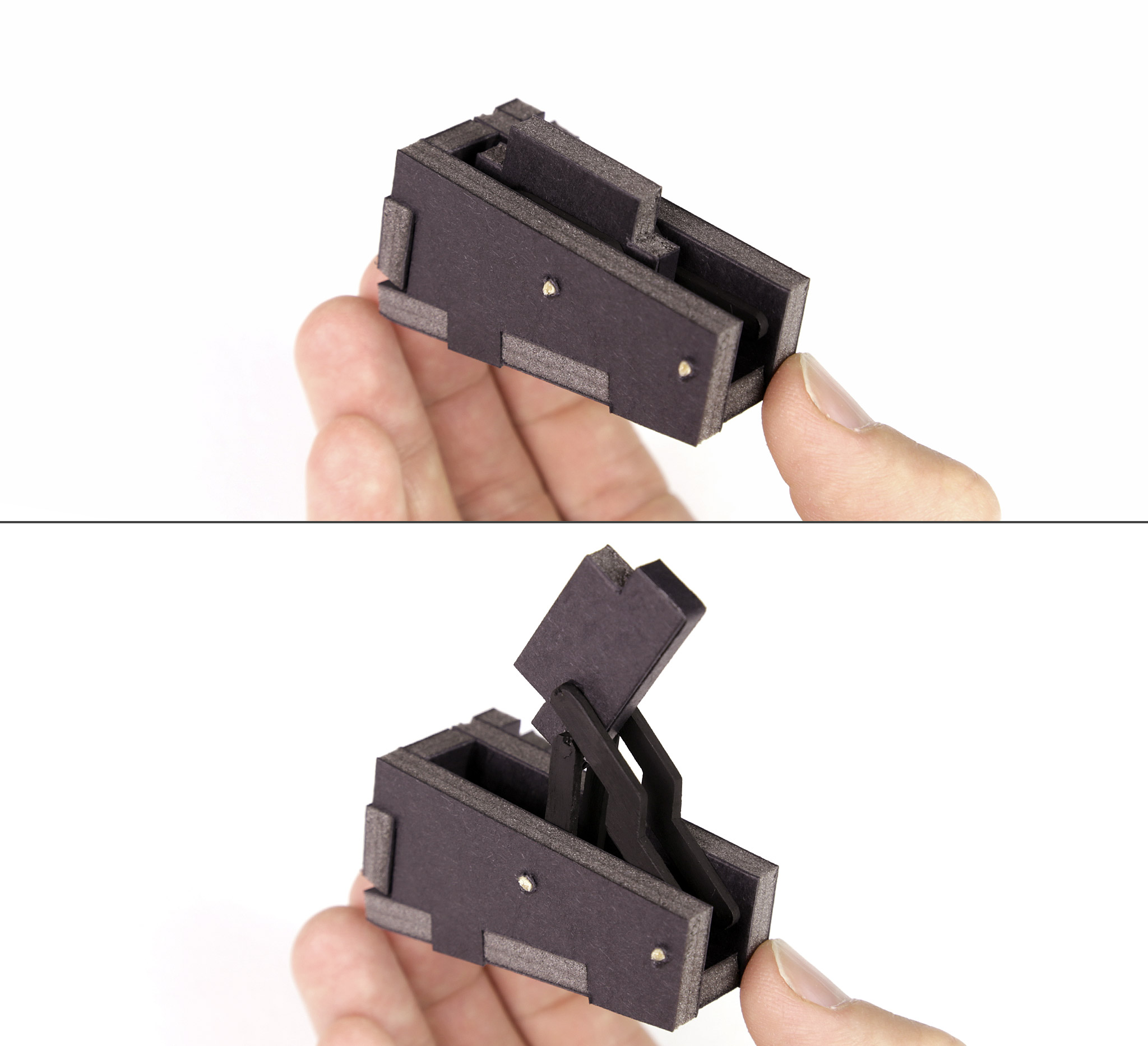 One of two working engine cover hinges. In the lowered position (top) and the raised position (bottom). The hinges are made from foam core board; toothpicks for the pins; and some parts cut from lengths of craft wood.