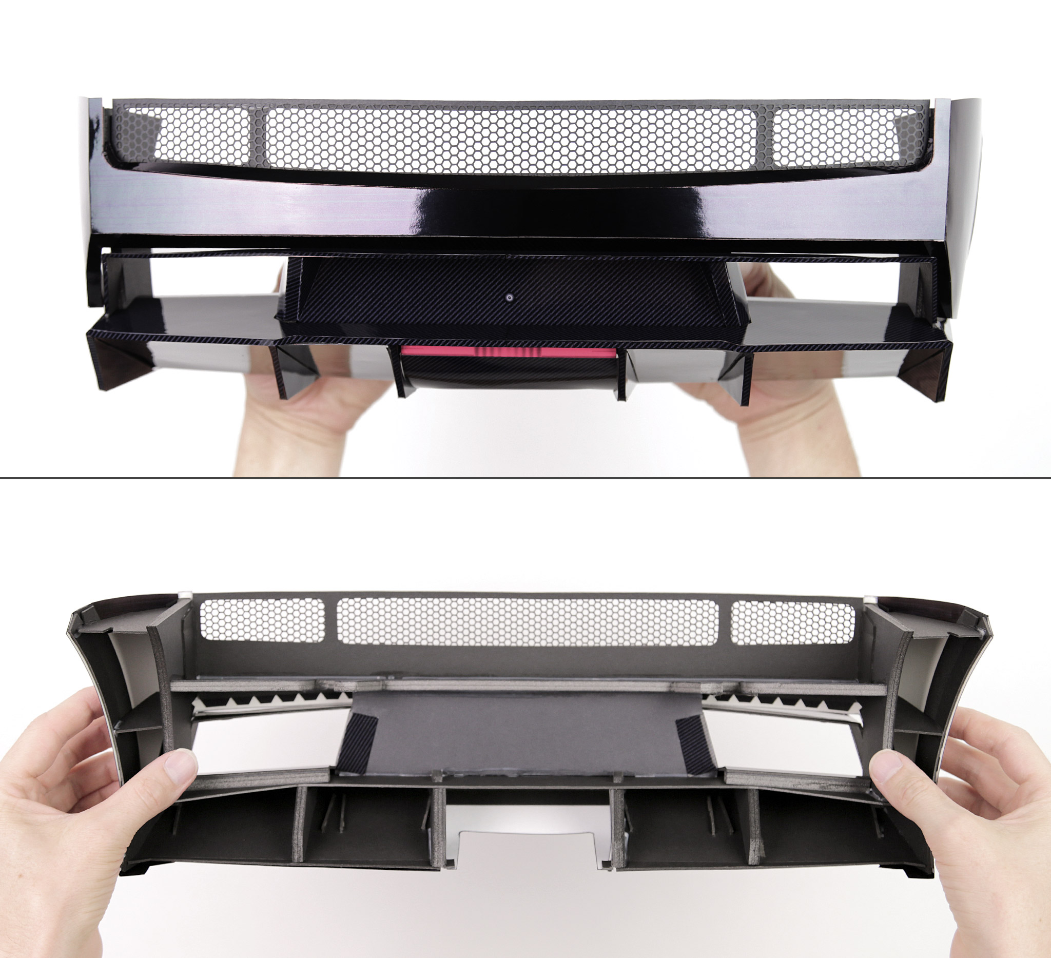 Complete rear bumper. Outside (top) and inside (bottom). About 70 individual parts make up the rear bumper. I've designed it to be easily removed and fitted– for easy access when I come to build the exhaust.